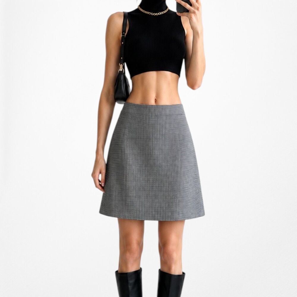 Vintage Y2K Navy Blue Checkered Knit Knee Length A-Line Knit Wrap Skirt Size S